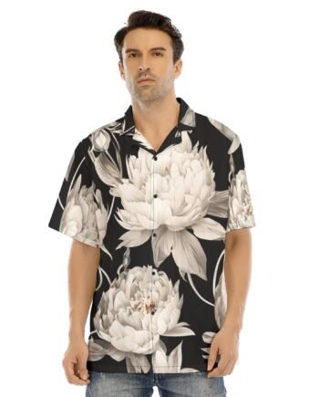 Black & White Peony Print Men's Hawaiian Shirt With Button Closure