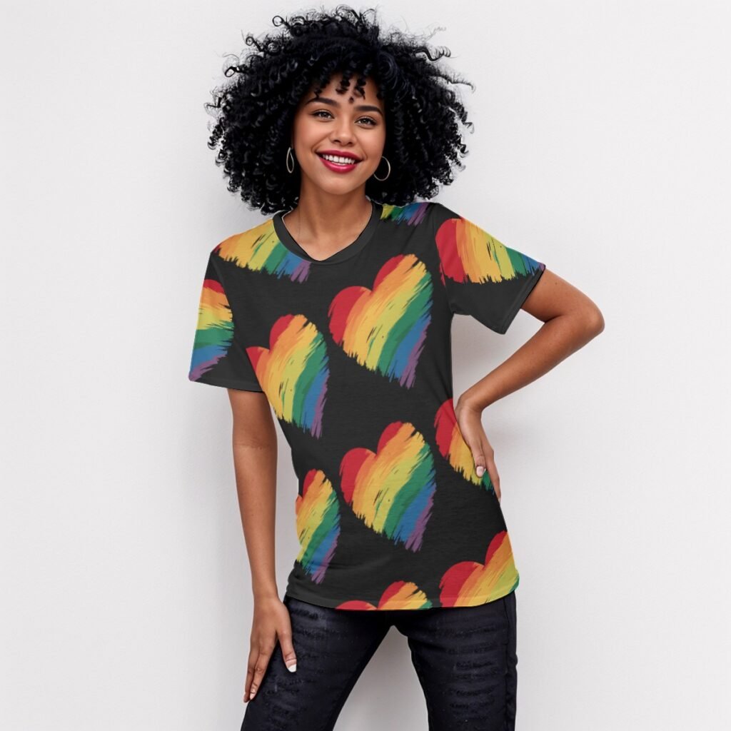 Rainbow Heart Print Womens O Neck T Shirt