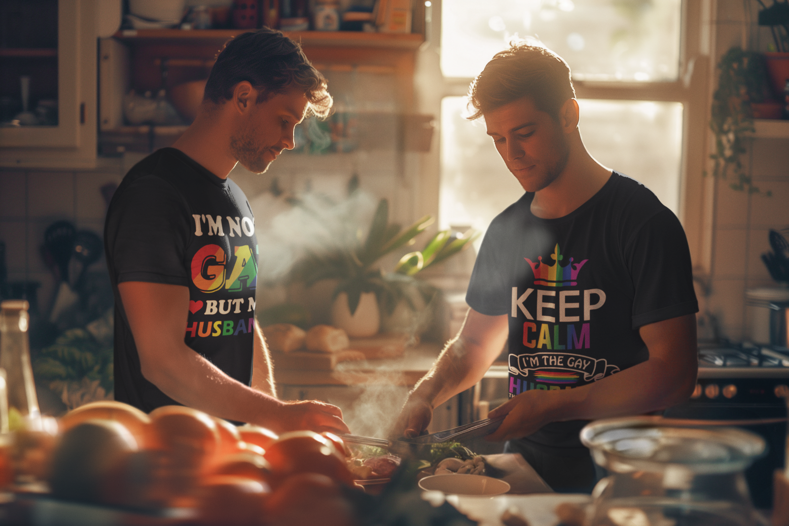 roundnecktshirtmockupoftwoaigeneratedmencookingamealm40118 Gay Pride Merchandise Stonewall riots LGBTQ+ rights movement